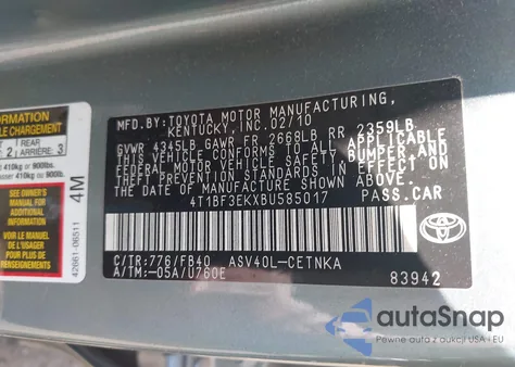 2011 Toyota Camry Le из США, поврежденный, VIN 4T1BF3EKXBU585017